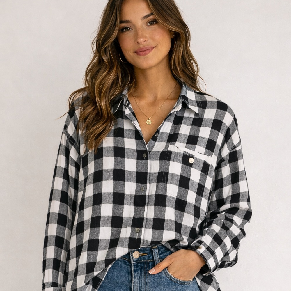 Liz Wear Black White Buffalo Check Button Up Shirt Women’s L Cotton Plaid Blouse